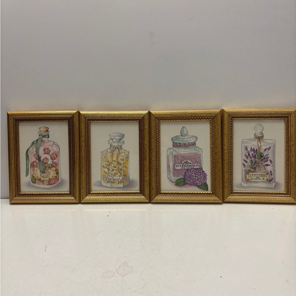 4 PC SET of FRAMED ART PRINTS - Bottles with Aroma/ bath oils